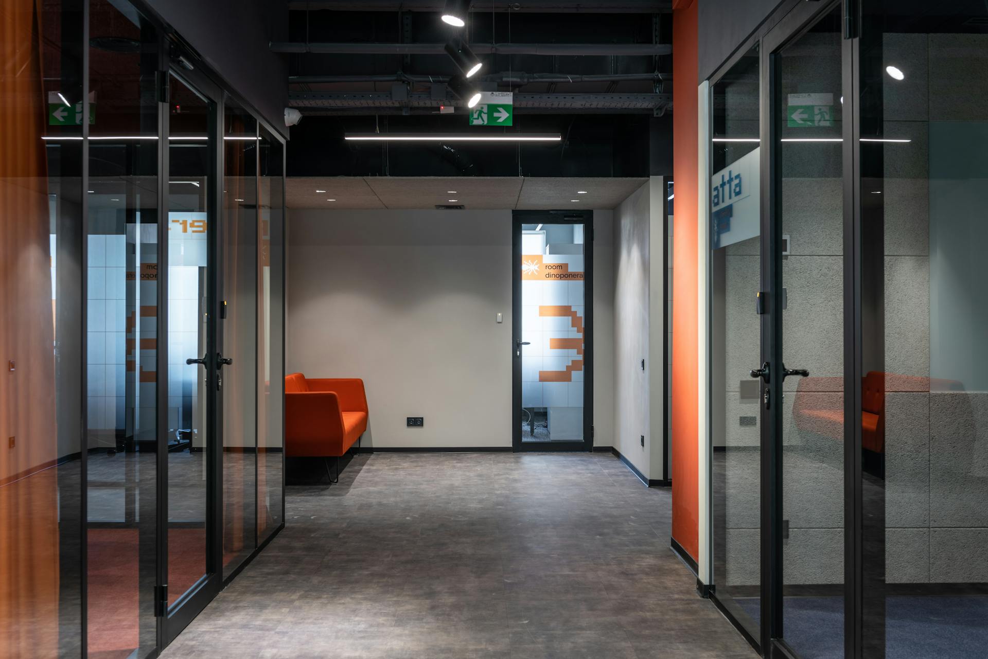 Modern office corridor with polished concrete flooring